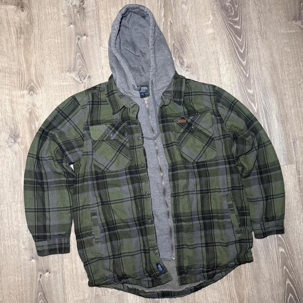 Smiths Workwear modern Green and black plaid flannel shirt with gray hoodie